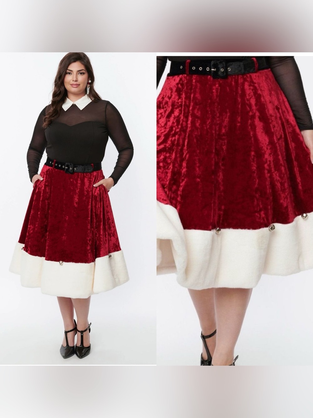 ⭐️2/$77⭐️Unique Vintage Red Velvet & White Faux Fur Jingle Bell Swing
Skirt
